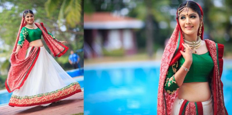 red and green bridal lehenga